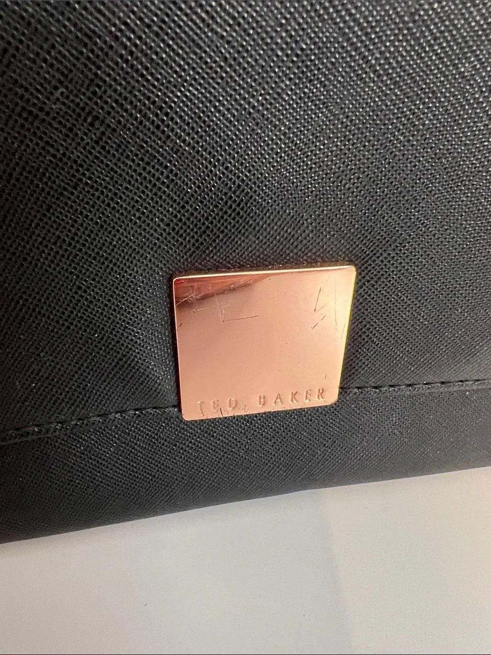 TED BAKER Black saffiano envelope-style clutch dual rose-gold zipper accent